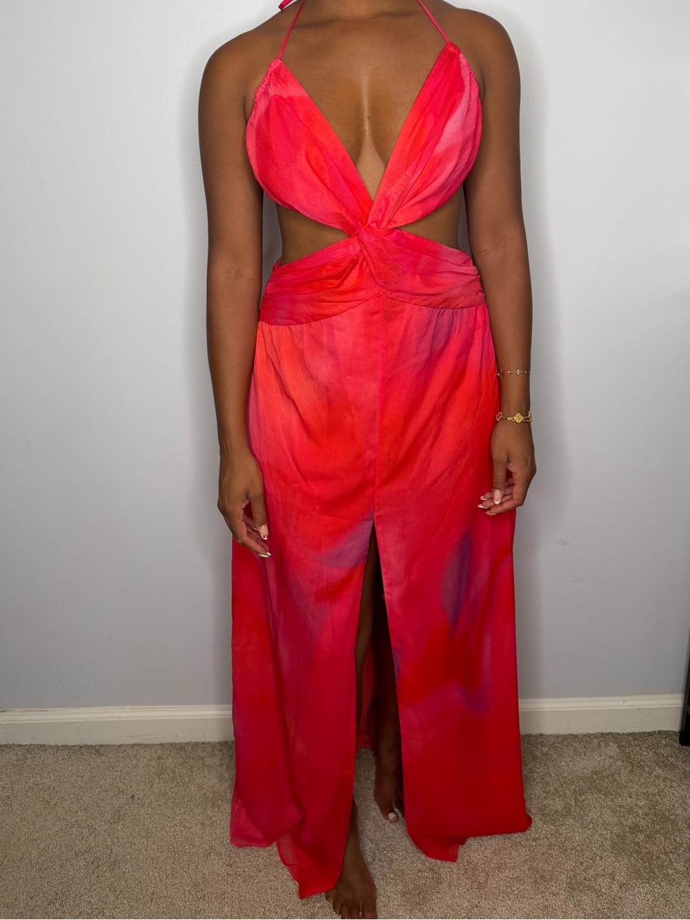 NBD Red Pink Twist-Front Maxi Dress